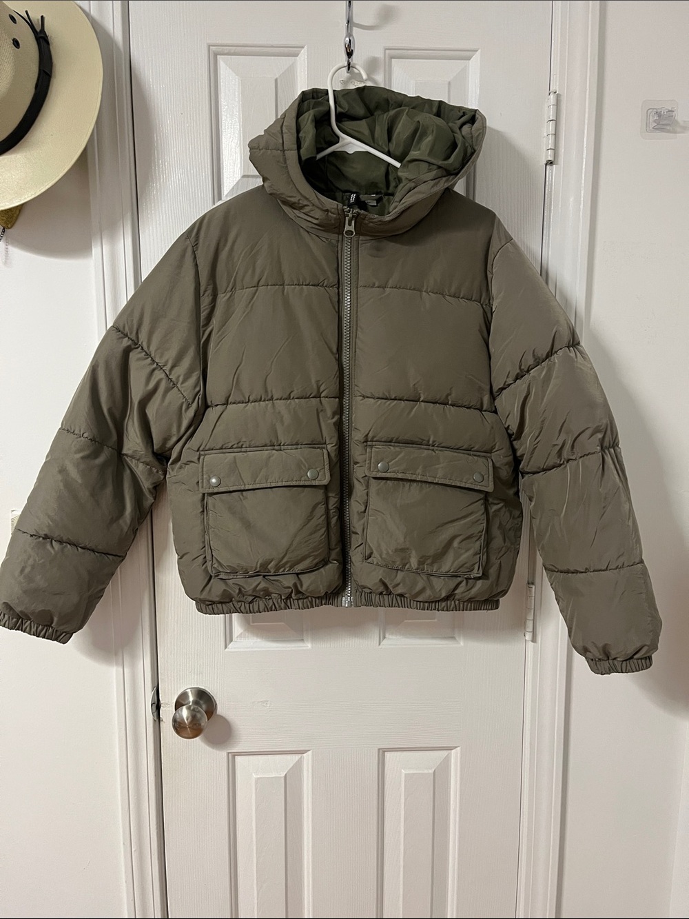 H&M Olive Quilted Puffer Jacket with Hood